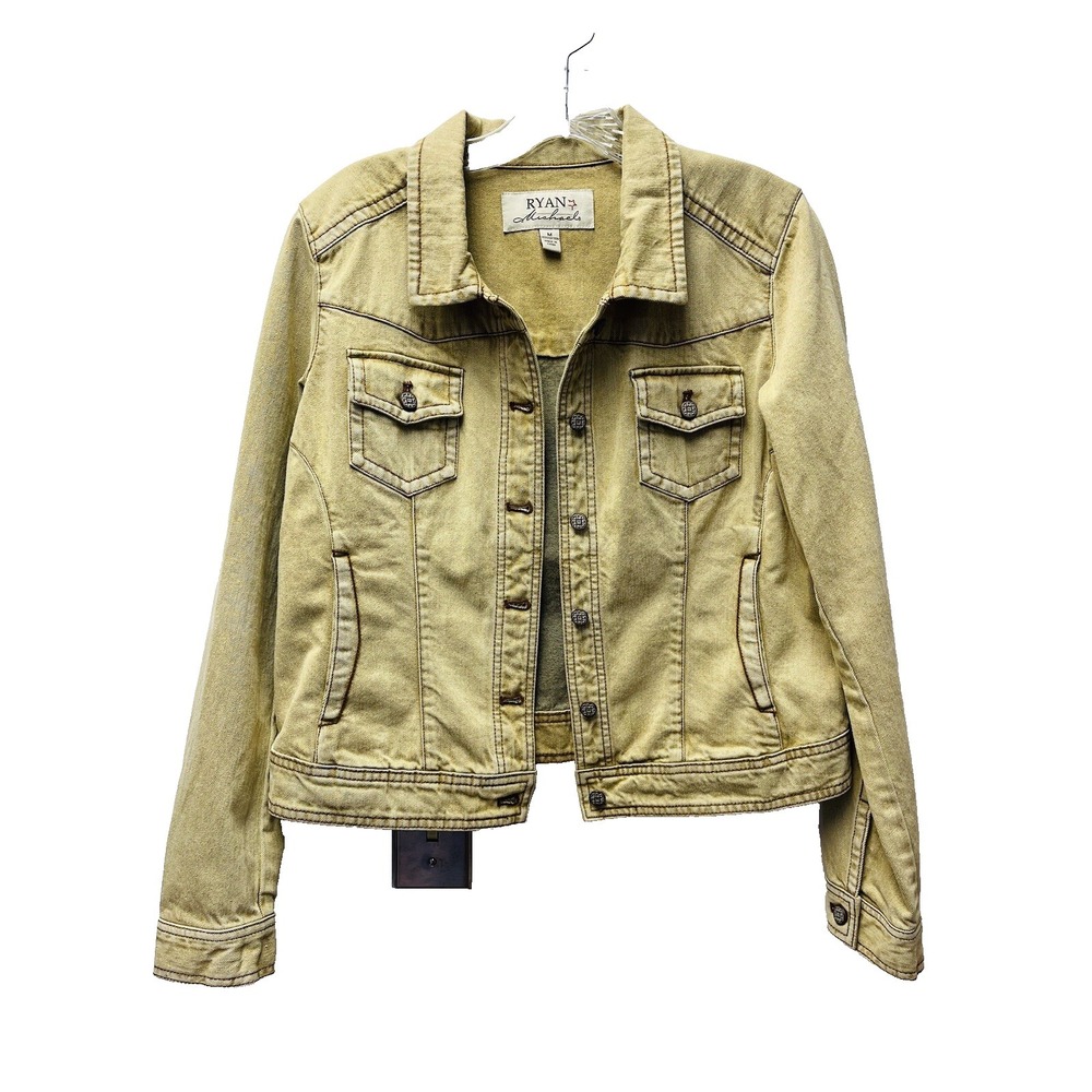 Ryan Michael M Beige Distressed Denim Bomber Jacket Pockets 90s Trucker Grunge
